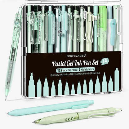 Four Candies Writing Ink Pens with Black &amp;amp; Green Ink and 2Pack Highlighter, Retractable 0.5mm Smooth Fine Point Pens,Green Pens for School, Office Girly Stationery Aesthetic Desk Accessories Set of 14