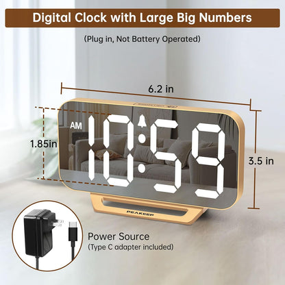 Peakeep_Slim_Digital_Mirror_Aesthetic_Alarm_Clock_for_Bedrooms_Desk_Decor_-_Plug_in_Electric_Big_LED_Modern_Small_Clock_for_Office_Living_Room,_Battery_Backup,_6_Dimmers_(Gold)