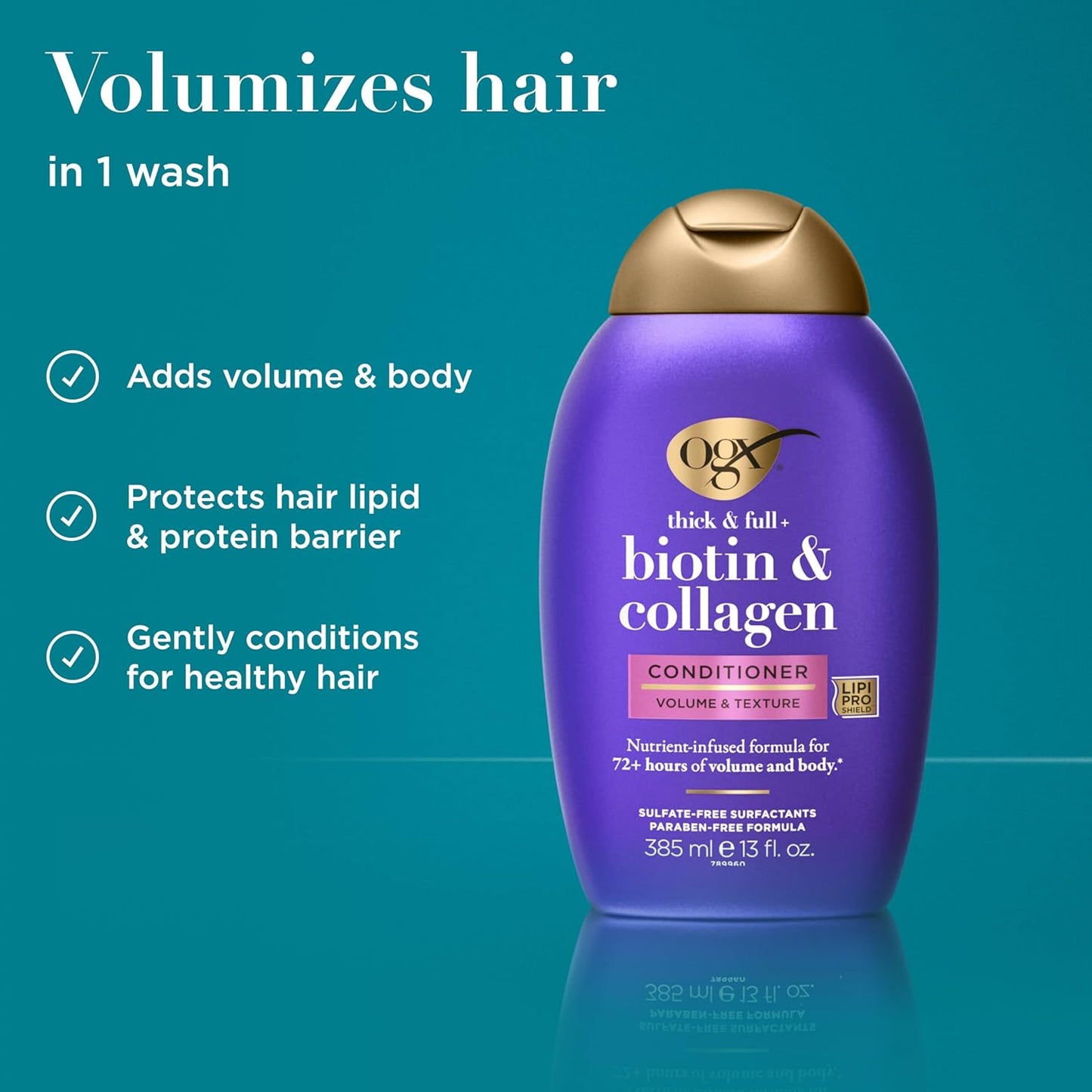 OGX_Thick_&_Full_+_Biotin_&_Collagen_Volumizing_Conditioner,_Nutrient-Infused_Conditioner_with_Vitamin_B7_Biotin_Gives_Hair_Volume_&_Body_for_72+_Hours,_Sulfate-Free_Surfactants,_13_fl._Oz