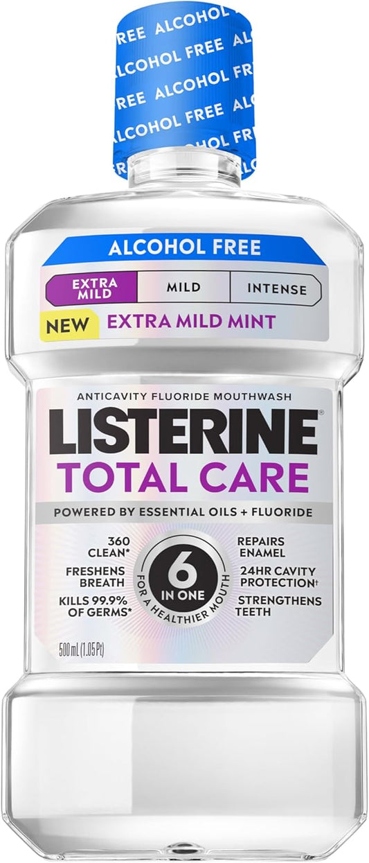 Listerine_Mouthwash_Total_Care_Anticavity_Treatment_for_Adults_Kills_99.9%_of_Bad_Breath_Germs_Extra_Mild_Mint_No_Burn_Alcohol_Free_Fluoride_Mouthwash,_33.8_fl_oz
