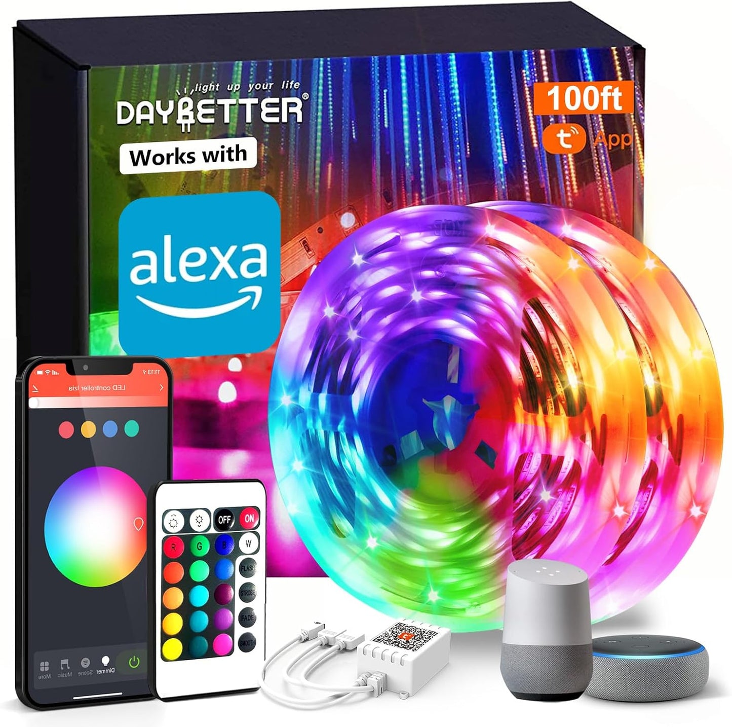 DAYBETTER_Smart_WiFi_Led_Lights_50ft/65.6FT/100ft,_Tuya_App_Controlled_Led_Strip_Lights,_Work_with_Alexa_and_Google_Assistant,_Timer_Schedule,_Color_Changing_Led_Lights_for_Bedroom_Party_Kitchen