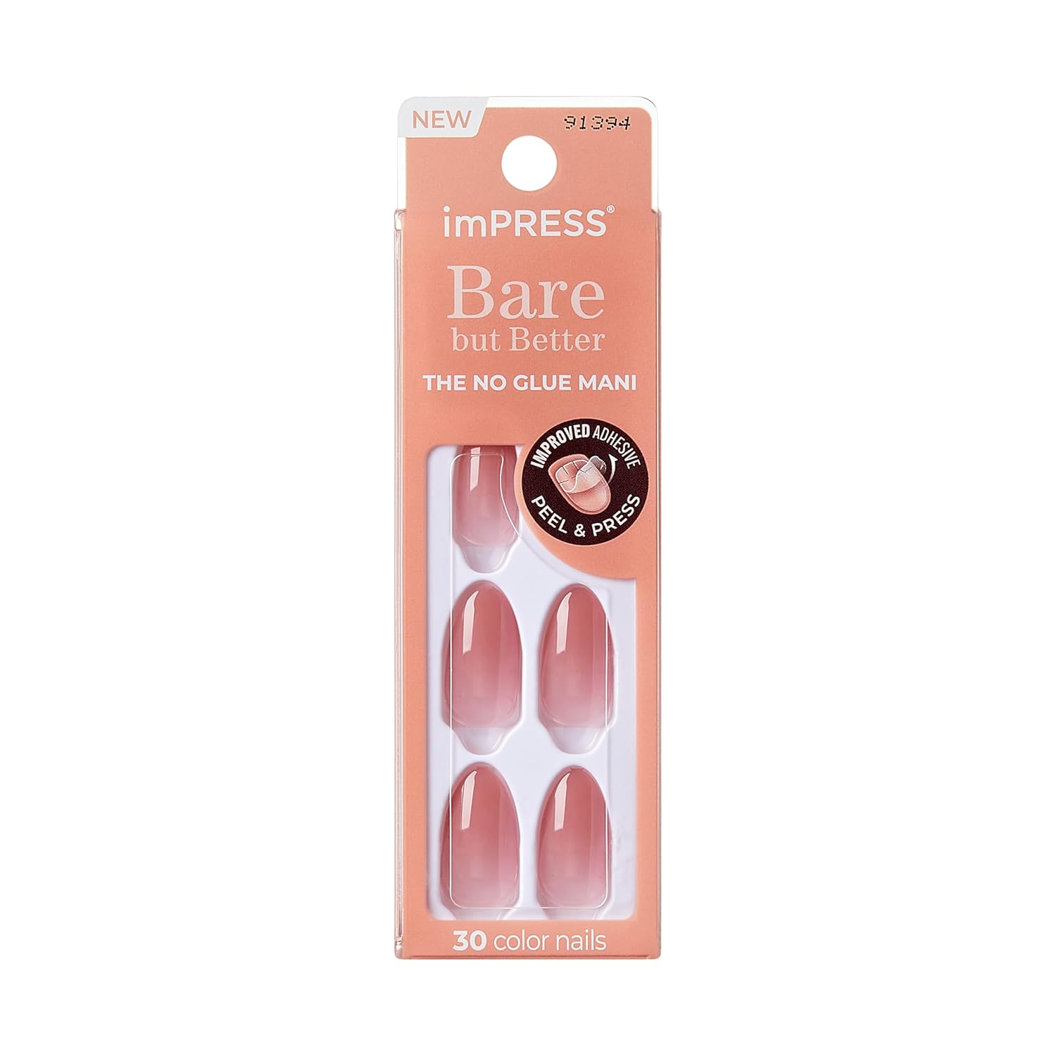 KISS_imPRESS_No_Glue_Mani_Press_On_Nails,_Bare_but_Better,_'Serenity',_Medium_Pink,_Medium_Size,_Almond_Shape,_Includes_30_Nails,_Prep_Pad,_Instructions_Sheet,_1_Manicure_Stick,_1_Mini_File