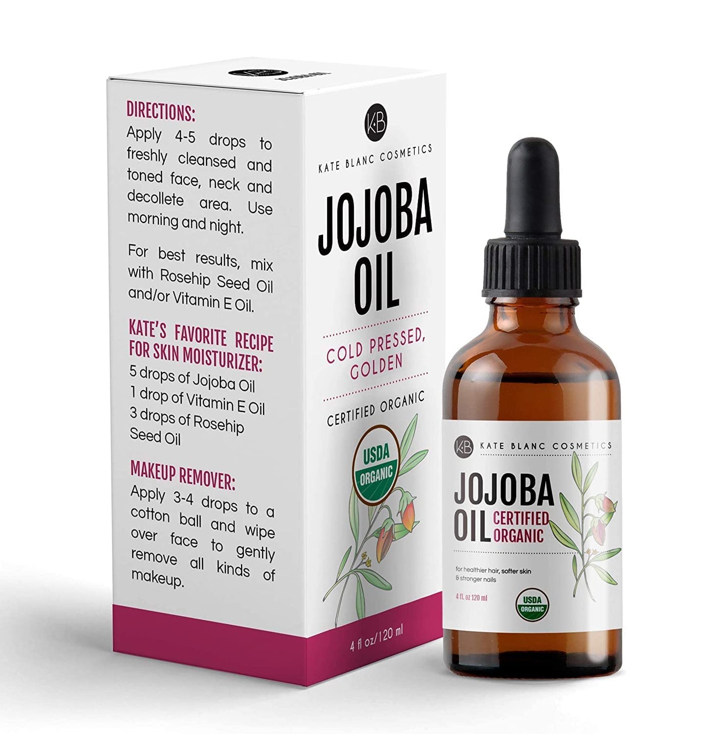 Kate_Blanc_Cosmetics_Jojoba_Oil_Organic_for_Hair,_Skin_&_Face_(4oz,_100%_Pure,_Cold_Pressed,_Unrefined,_Natural,_Hexane_Free,_Glass_Bottle)