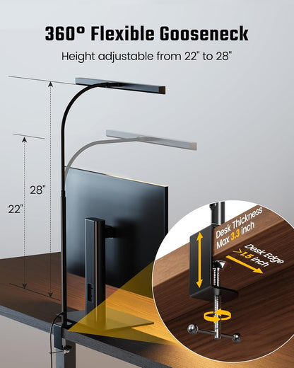 SUPERDANNY_LED_Desk_Lamp_for_Office_Home,_Eye-Caring_Desk_Light_with_Adjustable_Gooseneck,_12W_Touch_Control_Dimmable_Brightness,_Architect_Clamp_Lamp_with_USB_Adapter_for_Reading_Study_Workbench