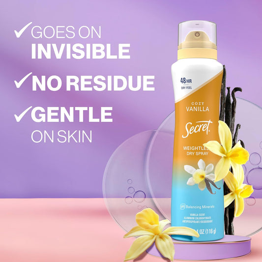 Secret_Dry_Spray_Antiperspirant_Deodorant_for_Women,_48hr_Weightless_Sweat_&_Odor_Protection,_Gentle_on_Skin,_Cozy_Vanilla_Scent,_4.1_oz_(Pack_of_3)