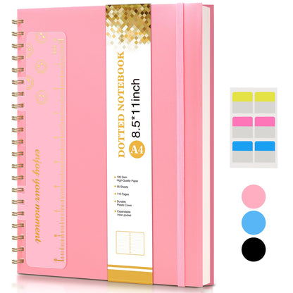 UEBZFOCS Dotted Notebook, Spiral Notebook Journal 8.5” x 11”, A4 Large Dot Grid Notebooks for Women Men, 100 GSM Dotted Paper, Plastic Hardcover Spiral Bullet Journals for Work School Sketching, Pink