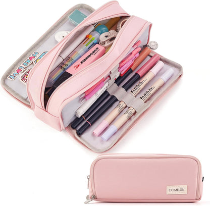 CICIMELON_Large_Capacity_Pencil_Case_3_Compartment_Pouch_Pen_Bag_for_School_Teen_Girl_Boy_Men_Women_(Pink)