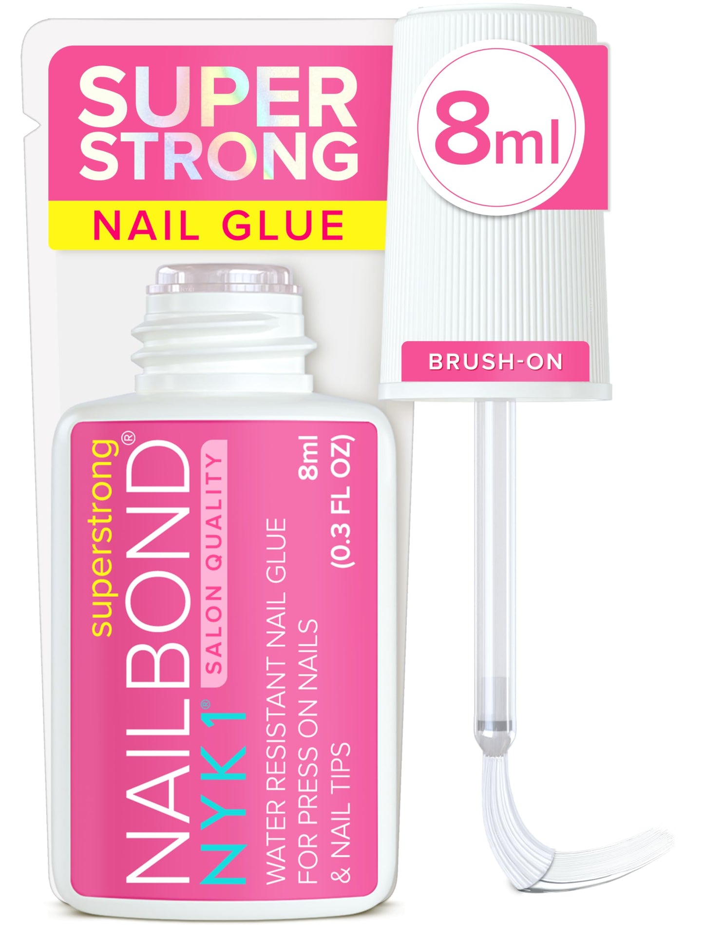 Super Strong Nail Glue for Press On Nails, Nail Tips &amp;amp; Acrylic Nails (8ml) NYK1 NailBond Brush On Glue for Press Ons, Tips &amp;amp; Acrylics - Long Lasting, Maximum Strength, Mess-Free Application