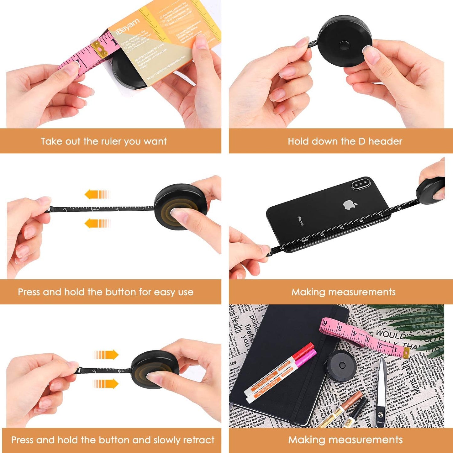 iBayam_2_Pack_Tape_Measure_Measuring_Tape_for_Body_Fabric_Sewing_Tailor_Cloth_Knitting_Vinyl_Home_Craft_Measurements,_60-Inch_Soft_Fashion_Pink_&_Retractable_Black_Double_Scales_Rulers_for_Body_Weight