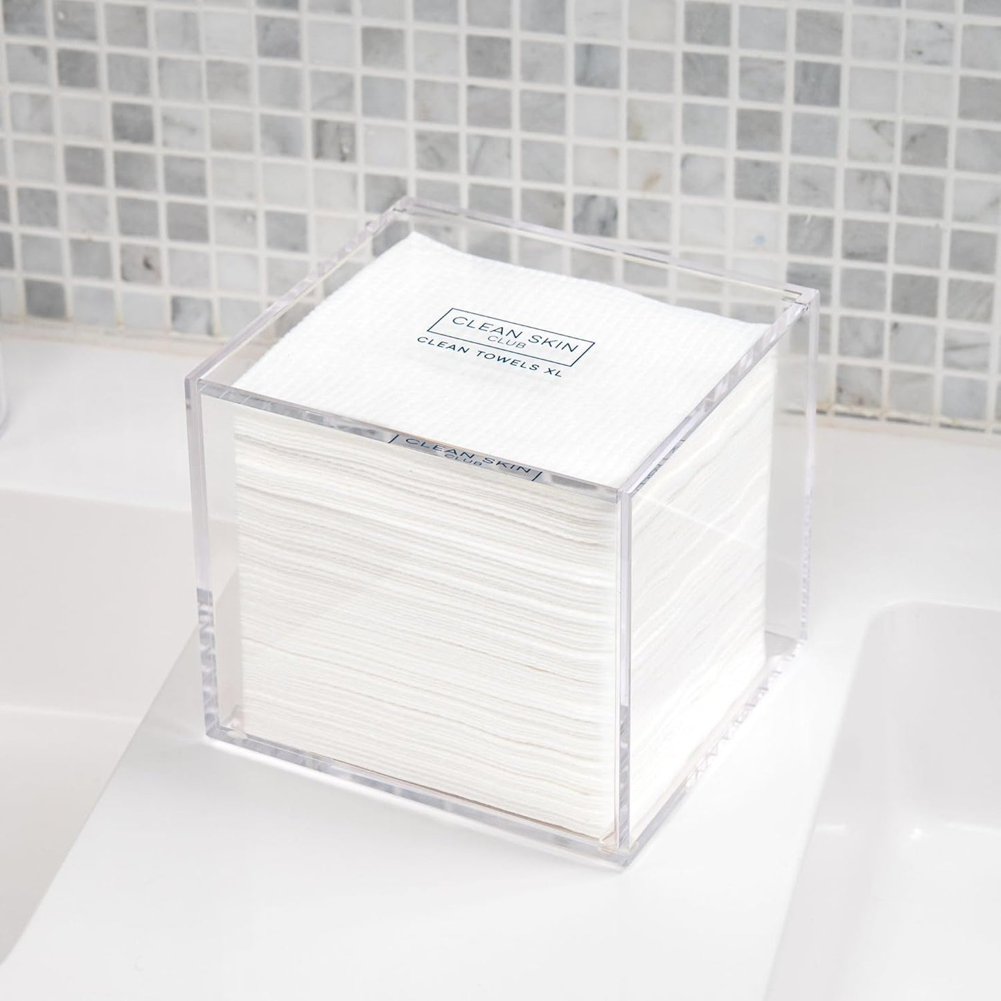 CLEAN_SKIN_CLUB_Clear_Acrylic_Box_for_Clean_Towels_XL_(NOT_Included),_Container_For_50_Disposable_Clean_Towels_XL,_Face_Towelettes_Bathroom_Counter_Storage,_Bin_for_Cleansing_Facial_Dry_Wipes
