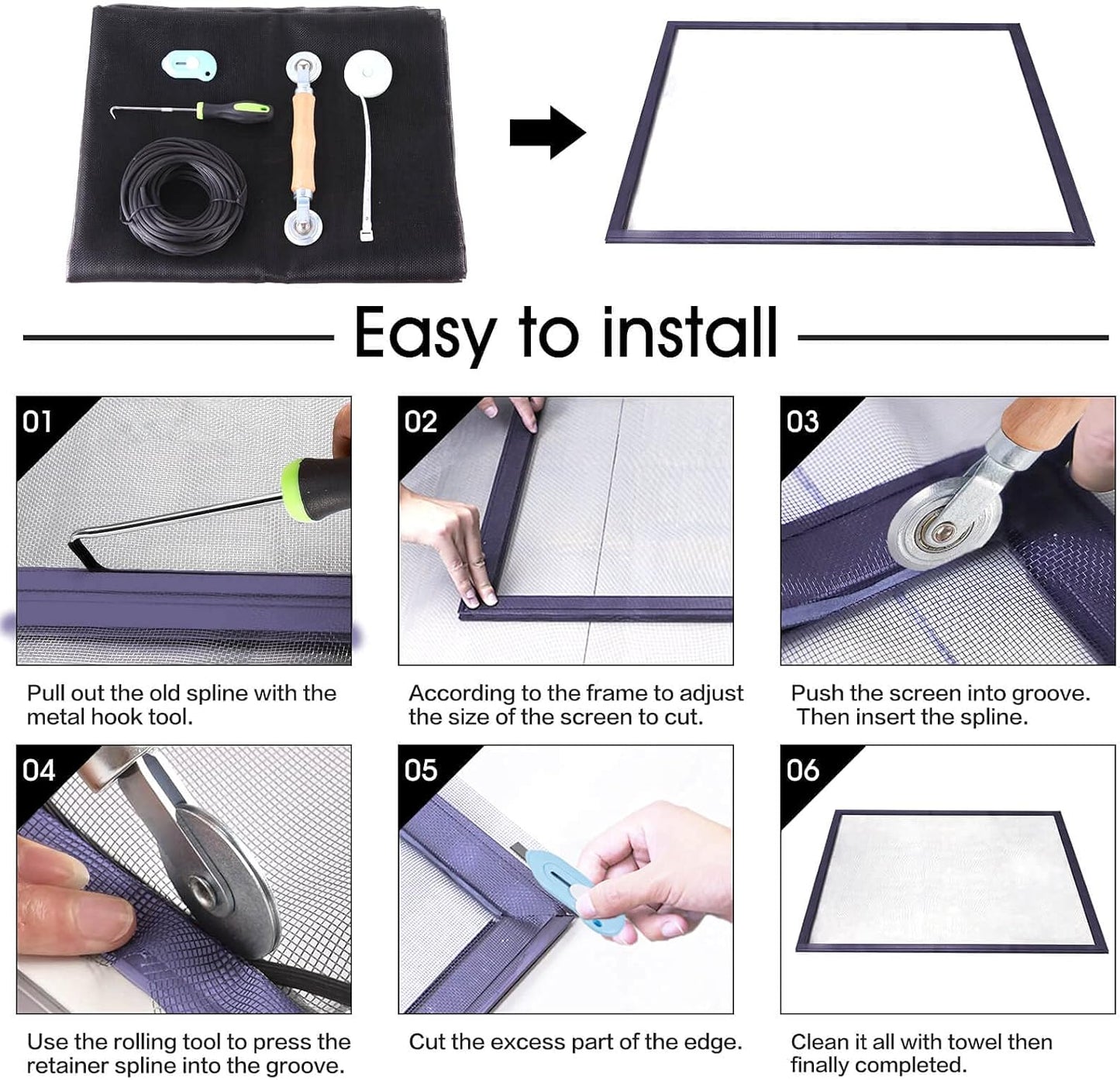 Windows_Screen_and_Screen_Door_Repair_Kit,_48"x118"_Charcoal_Fiberglass_Mesh_with_Rolling_Tool/Hook/Ruler/Cutter/Spline_-_Window_Screen_&_Sliding_Screen_Door_Replacement_for_Windows,_TOOLTRIZ