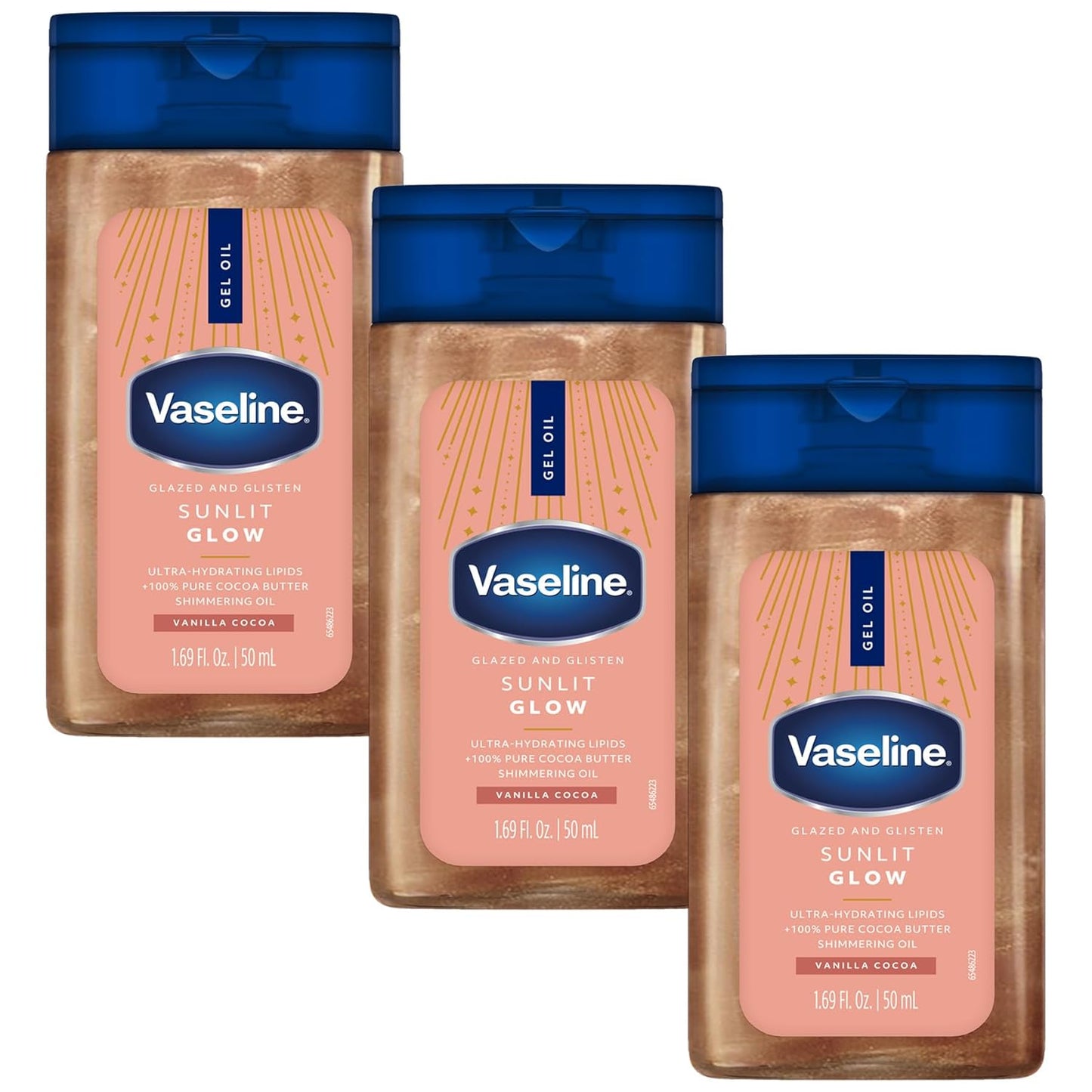 Vaseline_Glazed_and_Glisten_Sunlit_Glow_Body_Gel_Oil,_Ultra-Hydrating_Lipids_with_100%_Pure_Cocoa_Butter_and_Shimmering_Oil,_Vanilla_Cocoa_Scent,_1.69_Fl_Oz,_3_Pack