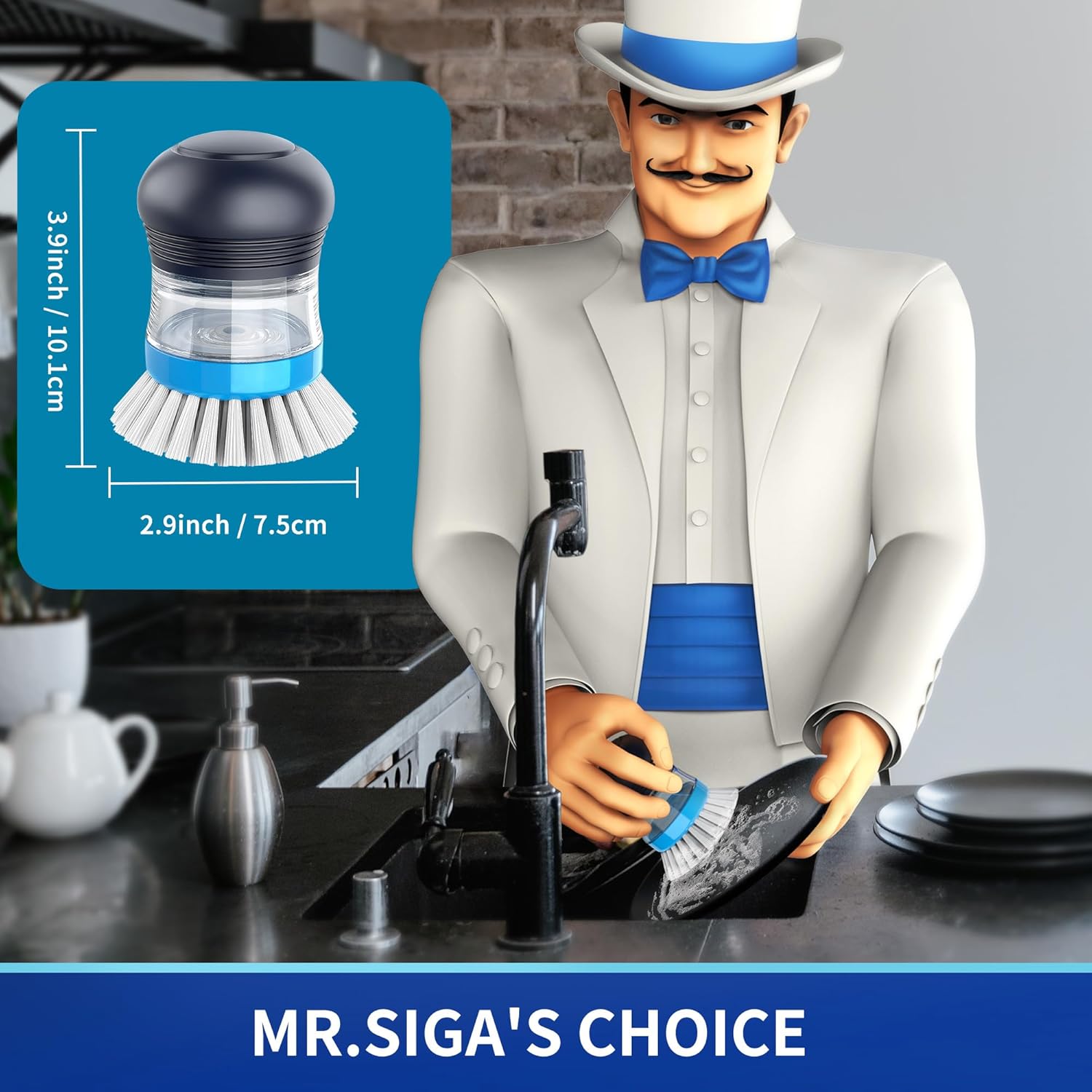 MR.SIGA_Soap_Dispensing_Palm_Brush,_Kitchen_Brush_for_Dish_Pot_Pan_Sink_Cleaning,_Pack_of_1,_Navy/Blue