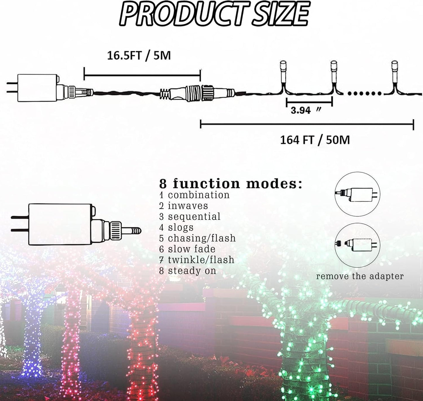 FUNPENY_164FT_500_LED_Christmas_Indoor_Outdoor_Decorative_String_Lights,_8_Modes_Waterproof_Green_Wire_LED_Fairy_Light_for_Christmas_Party_Wedding_Garden_Home_Decoration_(Warm_White)