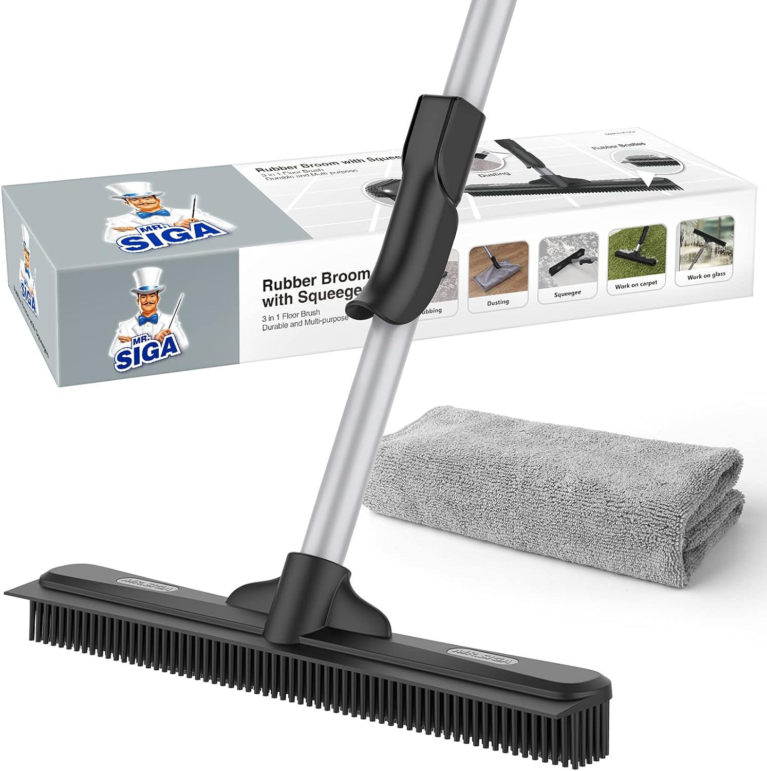 MR.SIGA_Pet_Hair_Removal_Rubber_Broom_with_Built_in_Squeegee,_3_in_1_Floor_Brush_for_Carpet,_61_inch_Adjustable_Handle,_Includes_1_Microfiber_Cloth_for_Floor_Dusting