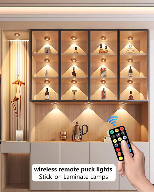 Puck_lights_with_remote,_2000mAh_rechargeable_cabinet_light,_Under_Cabinet_Lighting_Wireless,_Display_Cabinet,_Dimmable_Magnetic_Stick-On_Shelf_,_push_lights_battery_operated，(Wood_Color/Black,_3_Pcs)