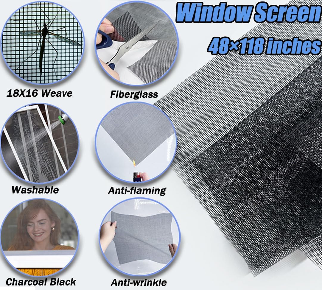 King&Charles_Window_Screen_Door_Repair/Replacement_Kit,_Include_Black_Screen_Mesh_48"x118"+_2_Roller+50Ft_Spline+8Clips+Hook,_6_in_1_Window_Mesh_Kit,_Steel/Nylon_Bearing_Roller