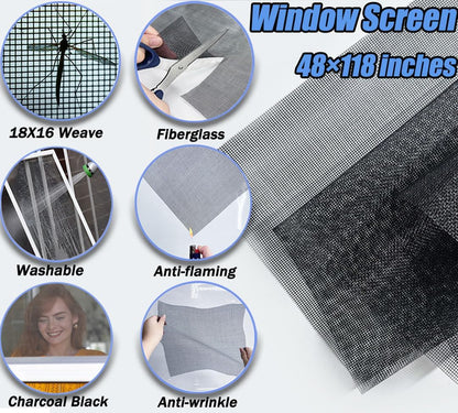 King&Charles_Window_Screen_Door_Repair/Replacement_Kit,_Include_Black_Screen_Mesh_48"x118"+_2_Roller+50Ft_Spline+8Clips+Hook,_6_in_1_Window_Mesh_Kit,_Steel/Nylon_Bearing_Roller