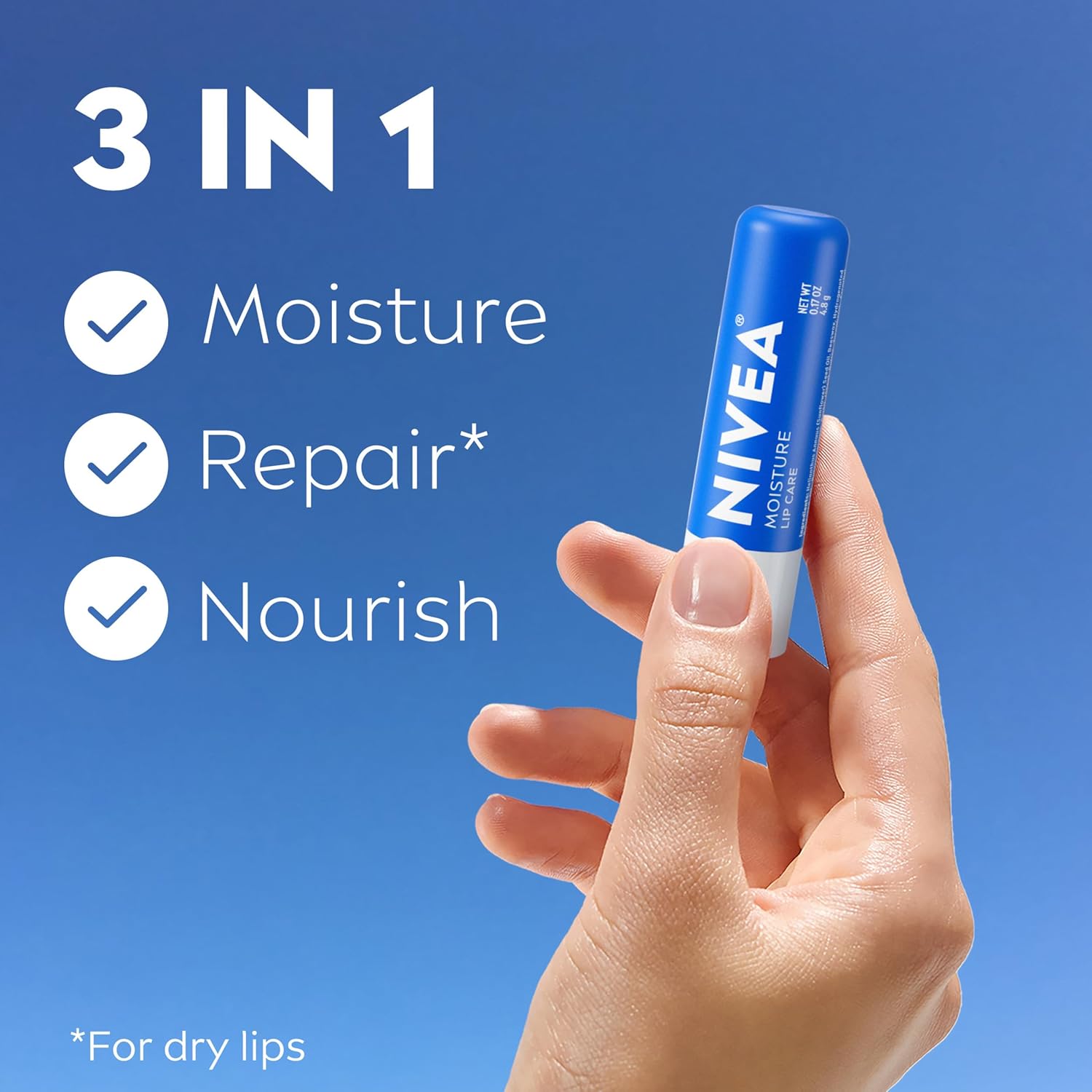 NIVEA_Moisture_Lip_Care,_Hydrating_Lip_Balm_with_Shea_Butter,_Nourishing_Oils_and_Vitamin_C_&_E,_3-in-1_Moisture,_Repair_and_Nourish,_0.17_Oz_Stick,_Pack_of_4