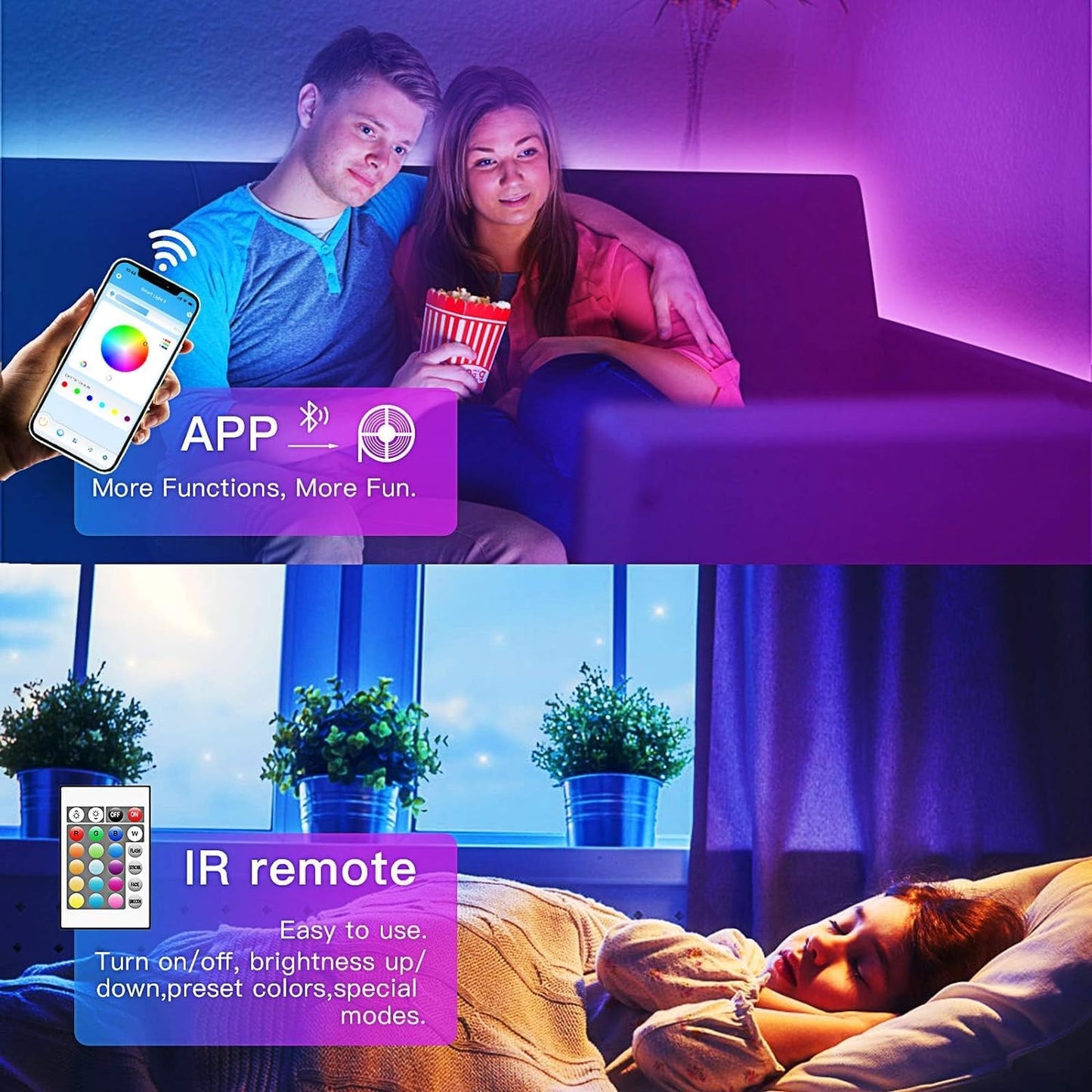 60ft/100ft/120ft_Bluetooth_LED_Strip_Lights,SMD_5050_Music_Sync_LED_Lights_Strip,RGB_Color_Changing_LED_Lights_with_Remote,Smart_Phone_APP_Control,LED_Lights_for_Bedroom,Ceiling,Room_DIY