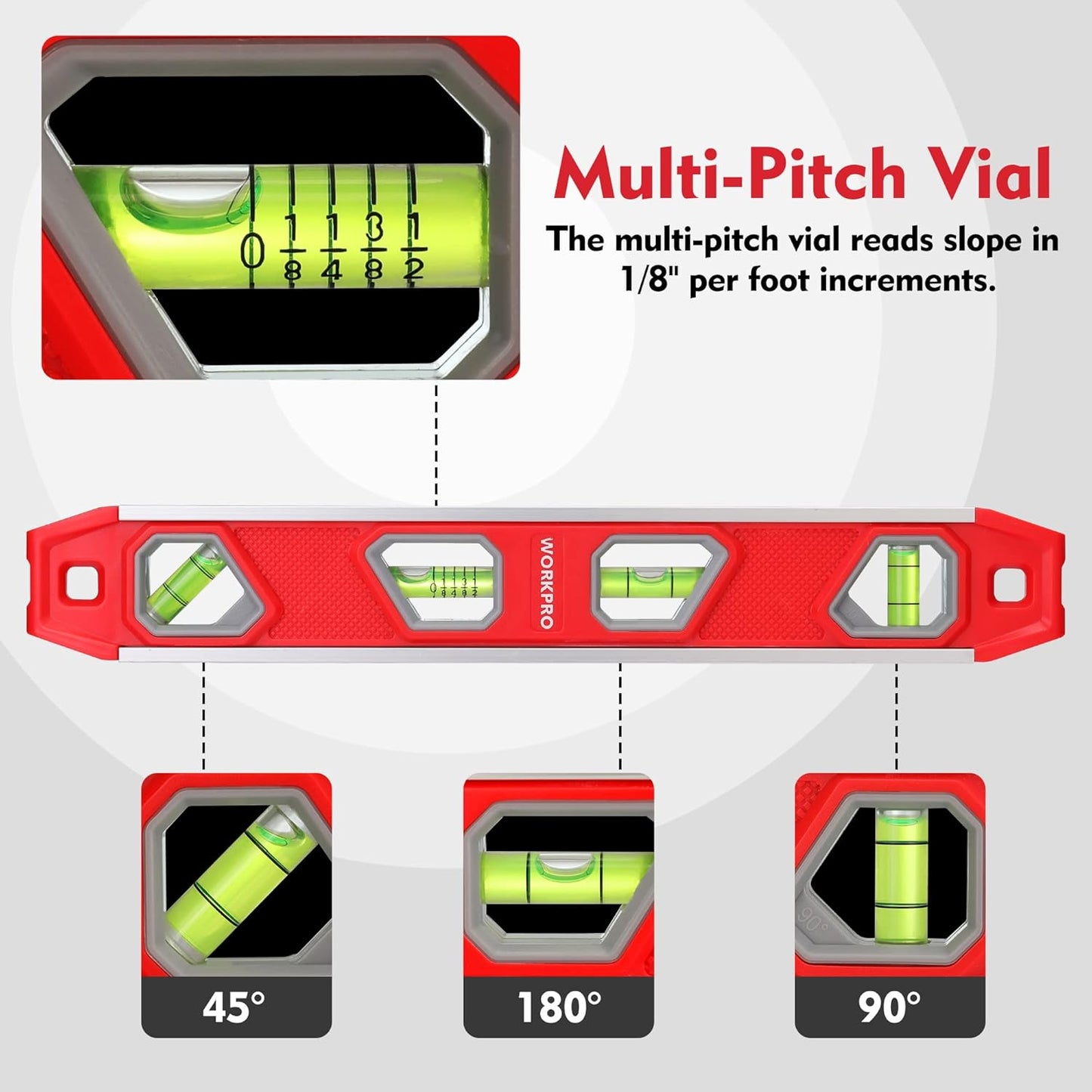 WORKPRO_12_Inch_Torpedo_Level,_Magnetic_Small_Leveler_Tool,_Plumbing_Level_with_Pitch_Vial,_Aluminum_Reinforced,_4_Bubbles,_V-Groove_for_Conduit_Bending
