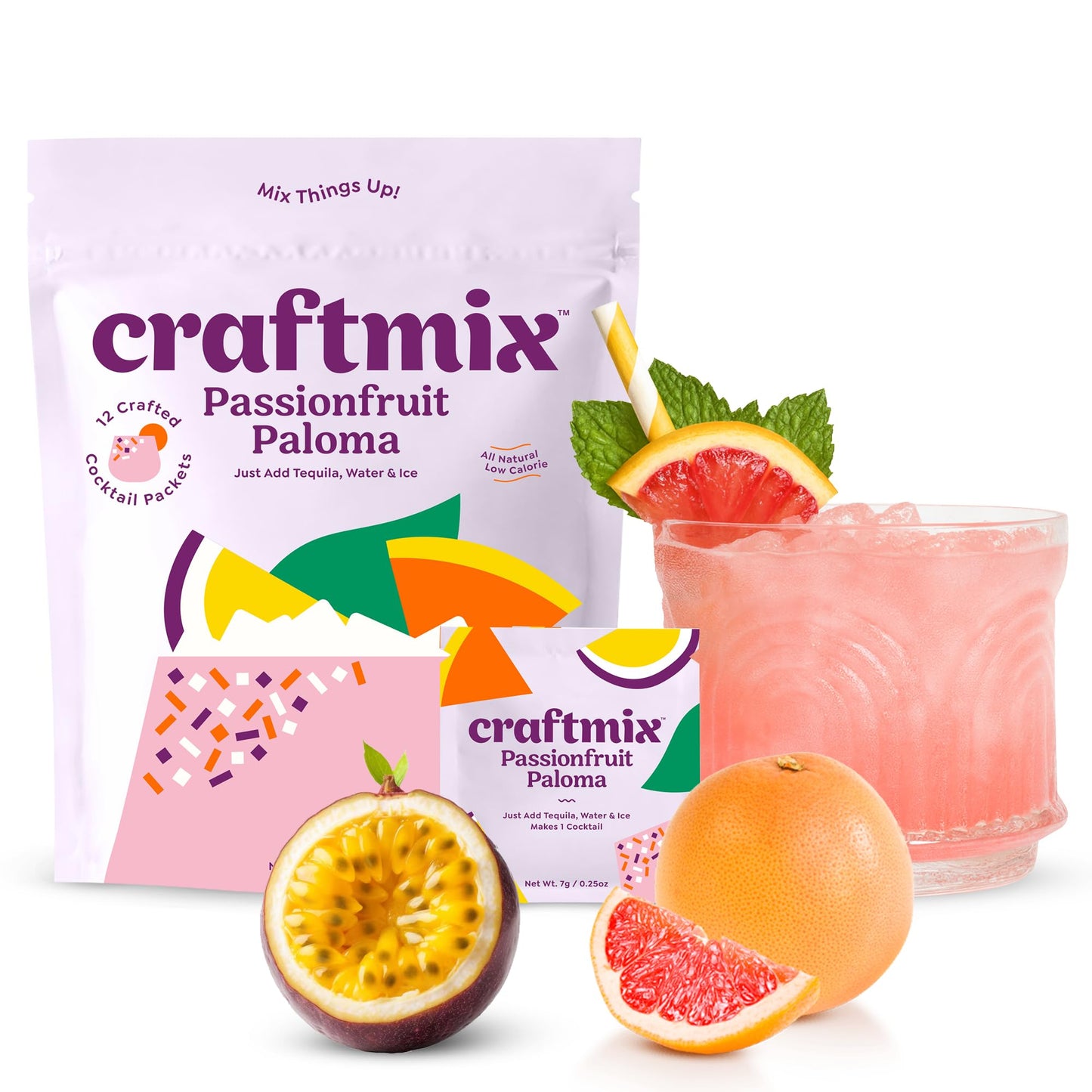 Craftmix Passionfruit Paloma Cocktail &amp;amp; Mocktail Drink Mixer, Skinny Mixes - Water Flavoring Packets - Made With Real Fruit - Vegan, No-Carb, No-Sugar, Non-GMO, Dairy Free, Gluten Free, 12 Pack