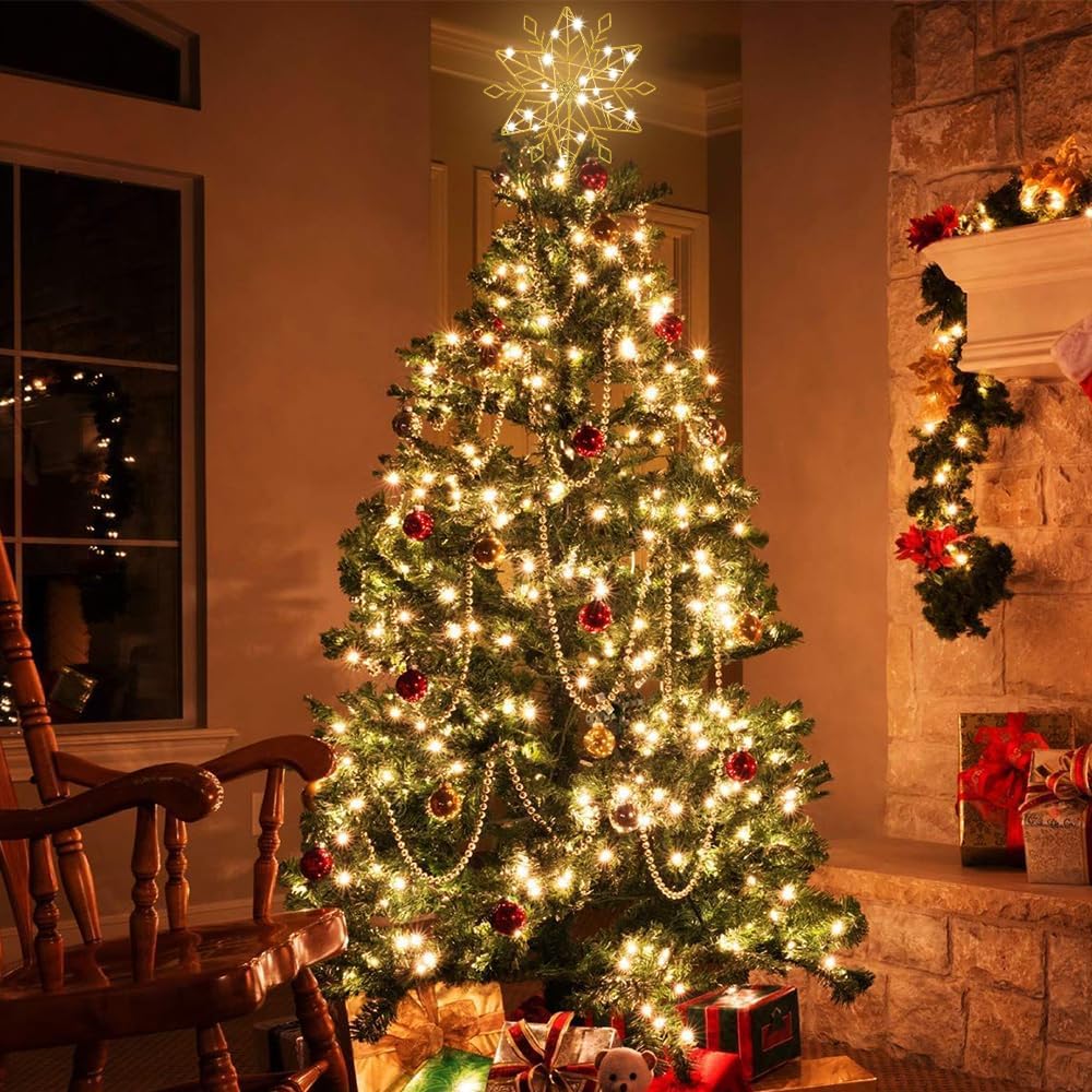 hogardeck_Christmas_Tree_Topper,_10_Inches_Lighted_Gold_Snow_Tree_Topper,_20_LED_Lights_Gold_Glitter_Powder_Snowflake_Tree_Toppers_Christmas_Decorations,_Battery_Powered_Timer_Xmas_Treetop_Star_Decor