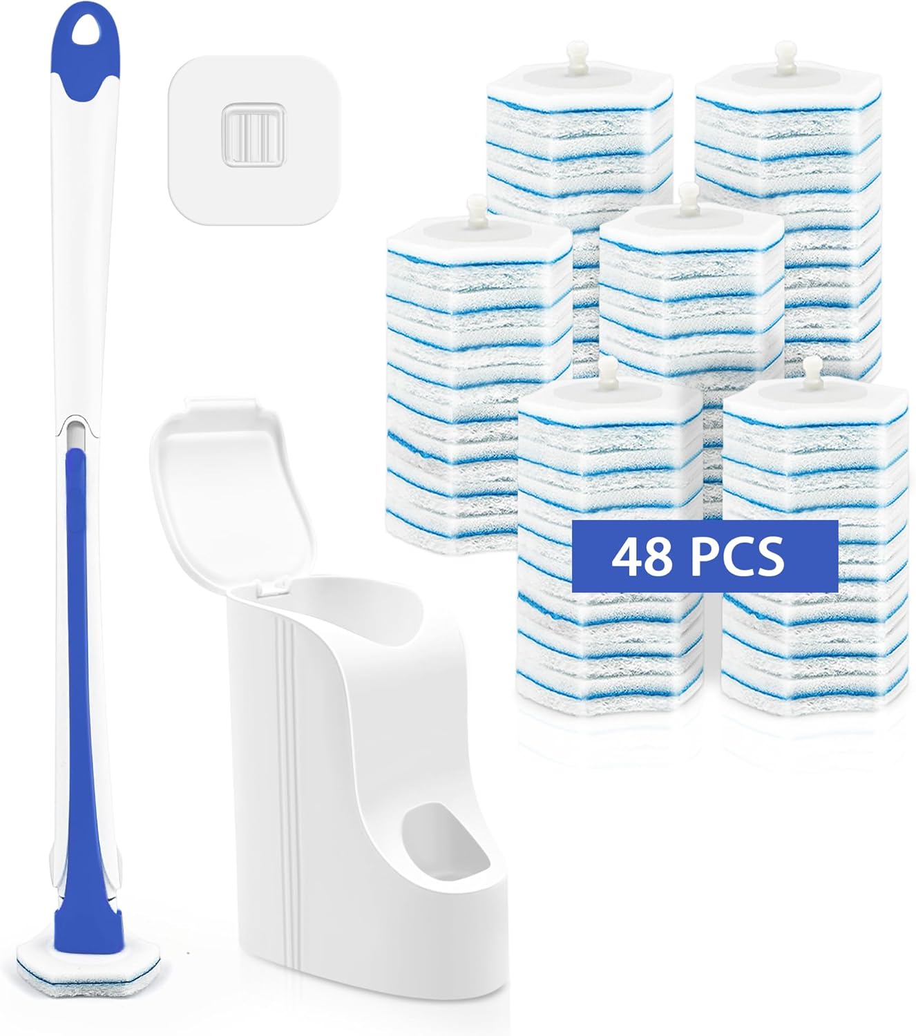 JEHONN_Disposable_Toilet_Brush_with_48_Wand_Cleaner_Refills,_Wall_Mounted_Toilet_Bowl_Brush_Holder_Set,_Bathroom_Cleaning_System_for_Sink_Bathtub_Wash_Basin_(Blue)