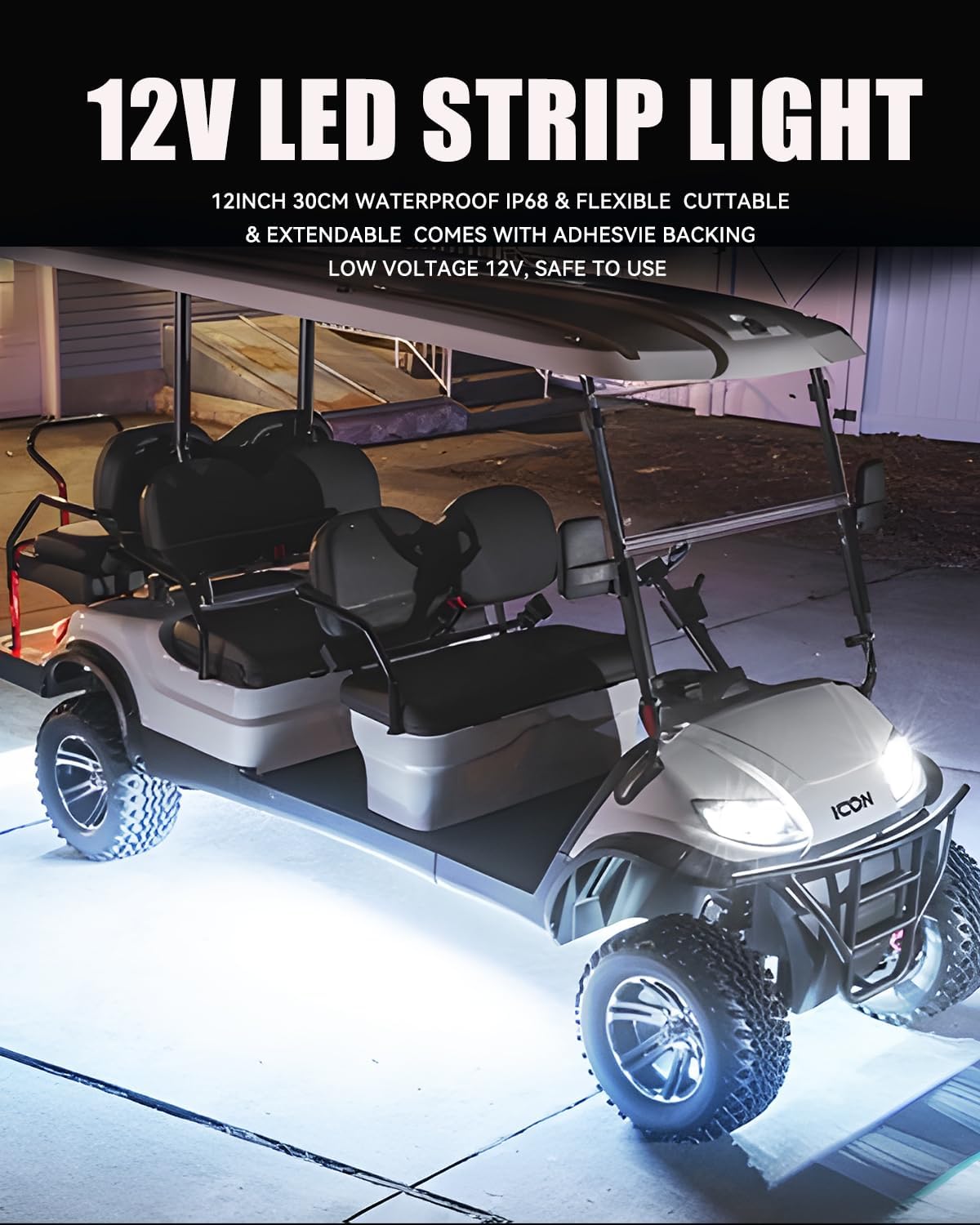 12V_Led_Light_Strip_24"_Connectable_White/Red/Green/Pink/Yellow/Blue/Ice_Blue_Led_Strip_Lights_for_Cars_Golf_Cart_Motorcycle_Boat_Trucks_Waterproof_Interior&_Exterior,_4Pack