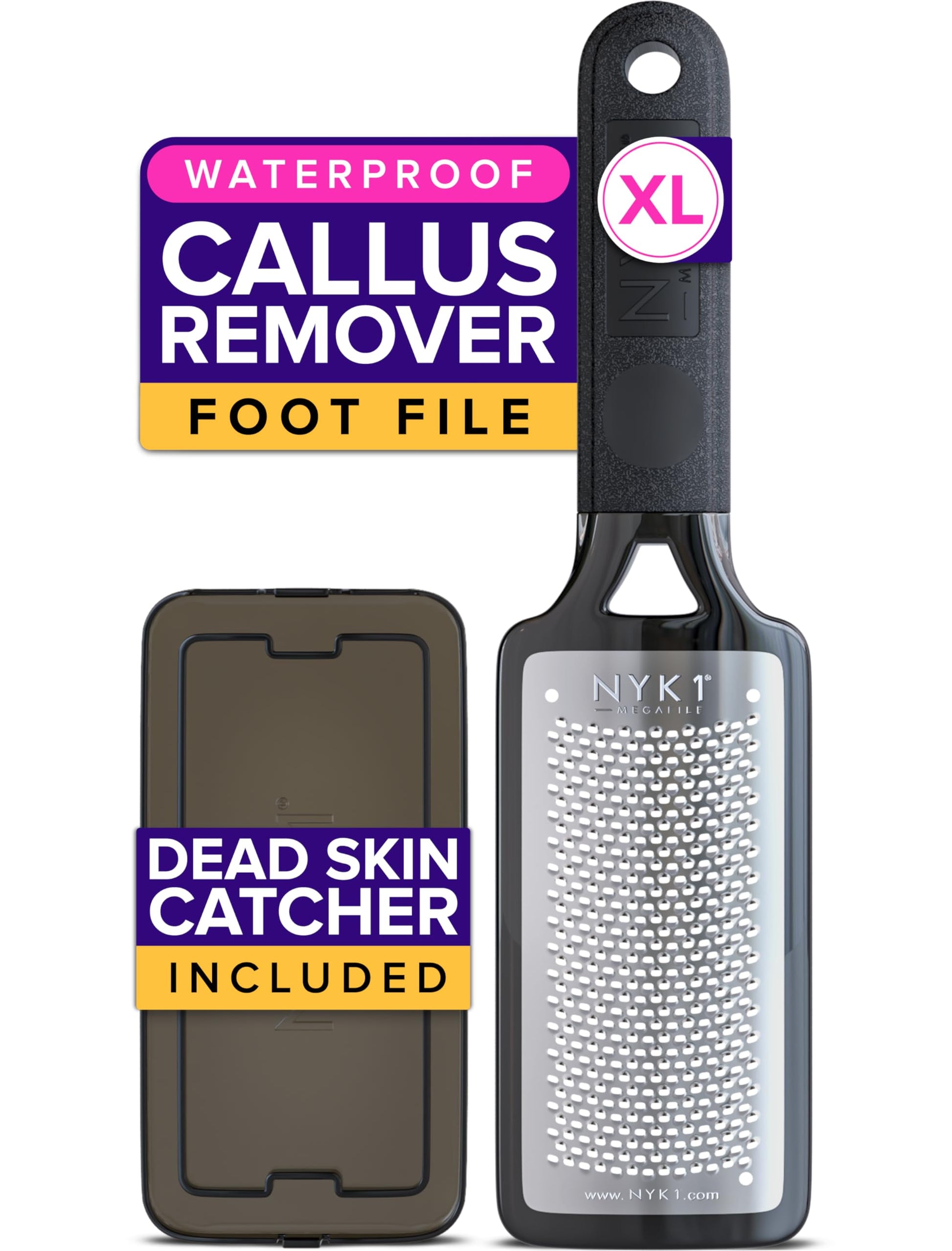 RUSTPROOF Foot File Callus Remover for Feet with Skin Catcher (XL Size) NYK1 MEGAFILE Foot Callus Remover for Wet &amp;amp; Dry Use - High-Performance Feet Scrubber with Textured Grip for Non-Slip Control