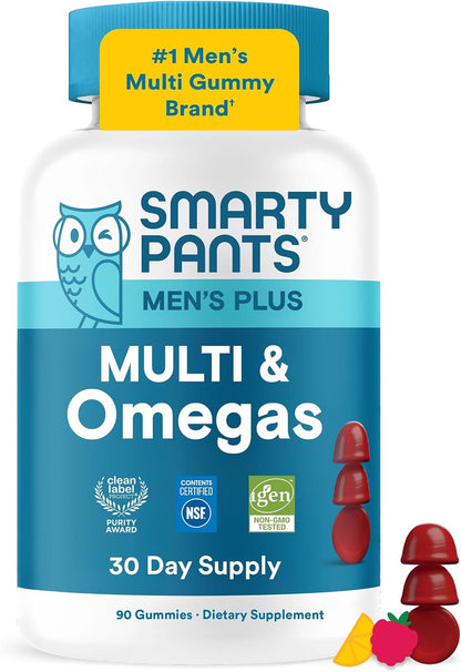 SmartyPants_Men's_Multivitamin_Gummies_with_Omega_3_DHA/EPA,_Methylfolate,_Vitamin_D3,_C,_B12,_B6,_A,_K,_Zinc,_Raspberry_Lemonade_Flavor,_90_Count_(30_Day_Supply)