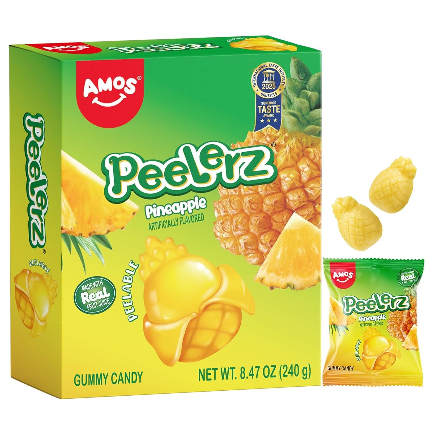 AMOS Peelerz Lychee Gummy Candy, Peelable Fruit-Shaped Candy, 8.47oz Box with 10 Individual Packs – Fun Peeling Gummy Snack Made with Real Juice