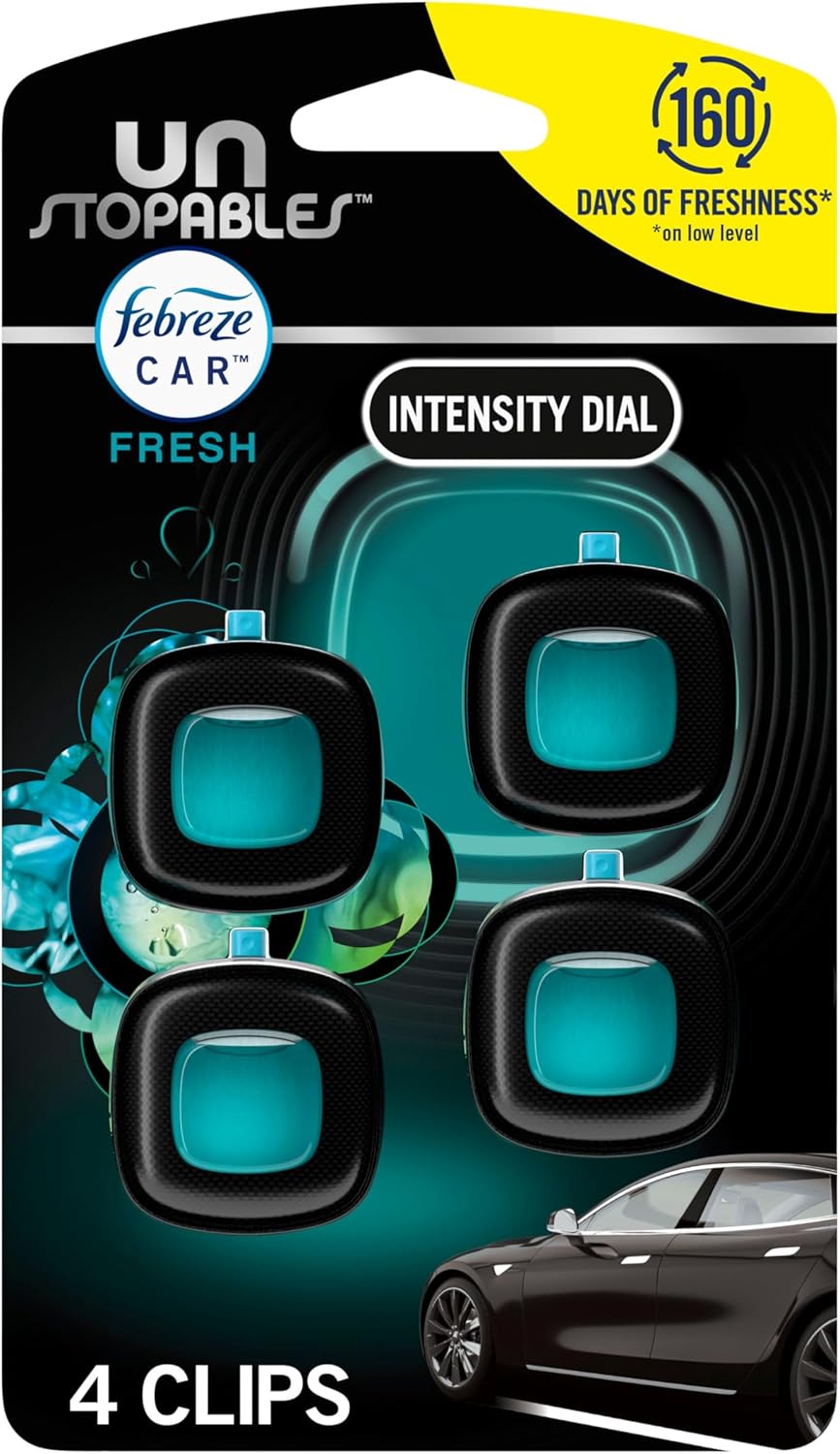Febreze_Car_Air_Freshener,_Odor-Fighting_Automotive_Vent_Clip,_Scented_Car_Accessories,_Long_Lasting_for_Strong_Odors,_Unstopables_Fresh_Scent,_.07_fl_oz,_4_Count