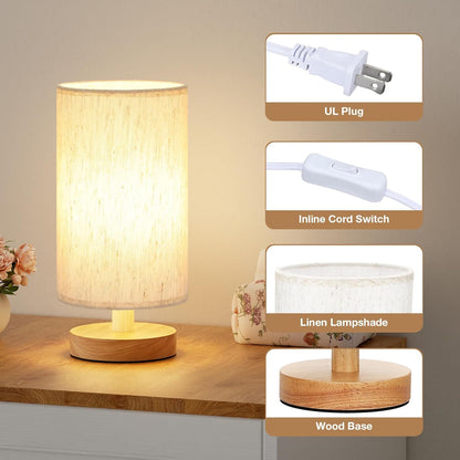 Fenmzee_Small_Table_Lamp_for_Bedroom_-_Inline_Control,_Bedside_Lamp_with_3000K_A15_LED_Blub,_Easy_Assembly_(Cream_Shade_-_Wood_Base,_9"_Inline_Control)