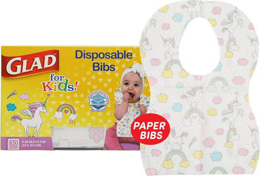 Glad_for_Kids_Unicorn_Disposable_Paper_Bibs_with_Crumb_Catcher,_Absorbent_Leakproof_Bibs_for_Toddlers_and_Babies,_Mess_Free_Feeding,_Crafts,_Parties,_and_Travel_Use,_30_Count