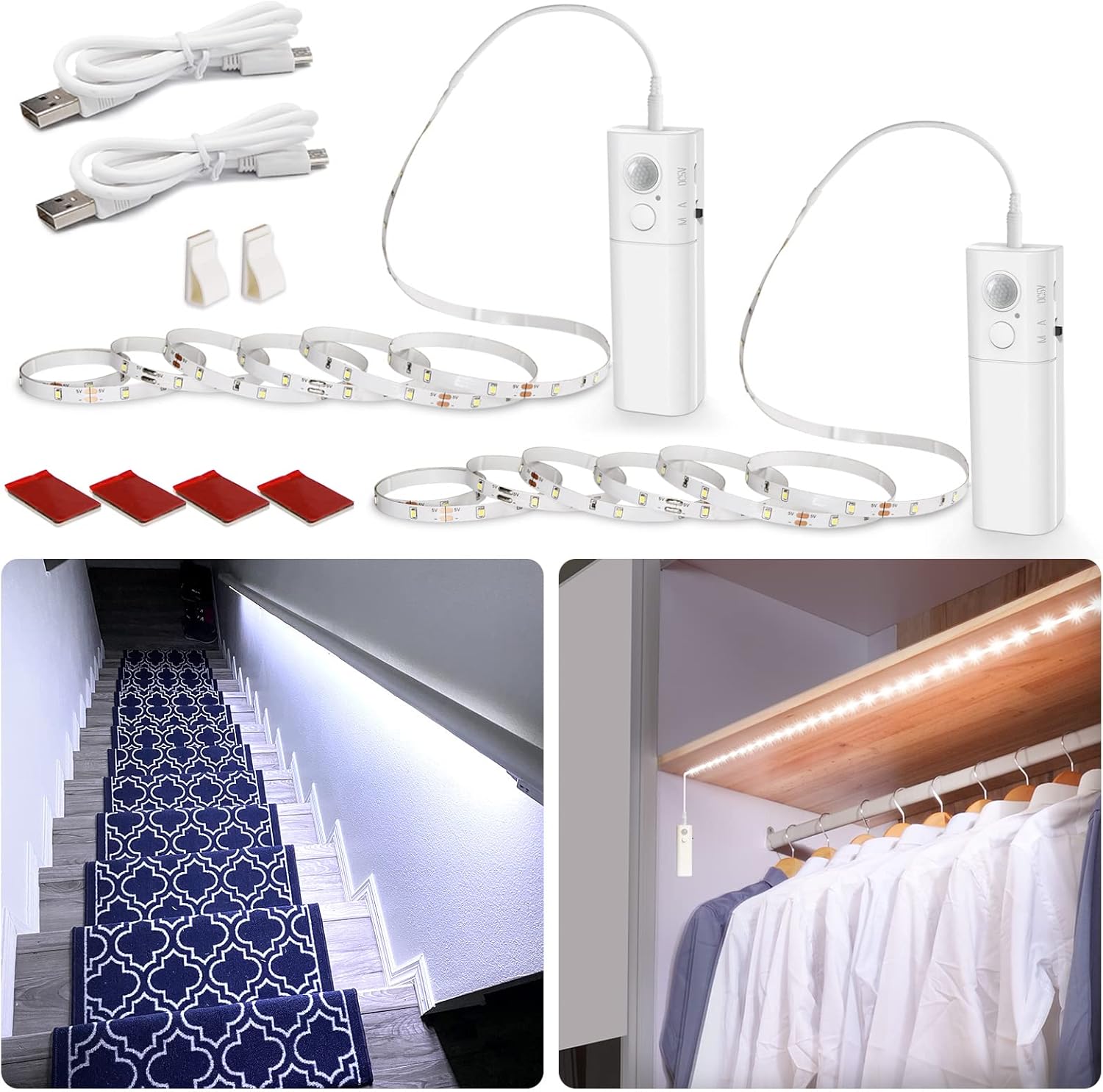 WOBANE_Motion_Sensor_Stair_Strip_Lights,Rechargeable_Motion_Activated_Closet_Light,Battery_Powered_LED_Strip,60_LEDs_Homelife_Bar_for_Bed,Pantry,Counter,Night_Light,Cabinet,6.56ft/16.4ft