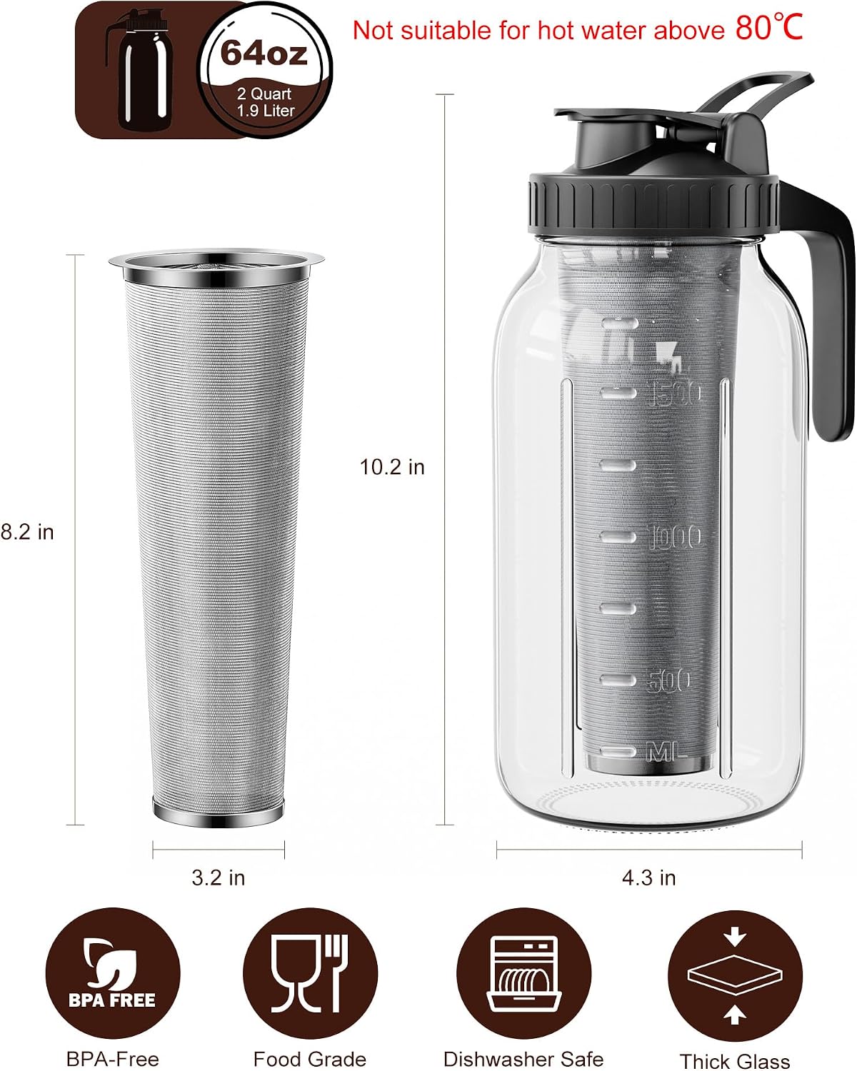 64_oz_Cold_Brew_Coffee_Maker,_Mason_Jar_Pitcher_with_304_SS_Filter_|_100μm_Fine_Mesh,_Stainless_Steel_Filter,_Airtight,_Leakproof,_Pour_Flip_Spout,_Ergonomic_Handle,_Wide_Mouth,_Heavy-Duty_Glass