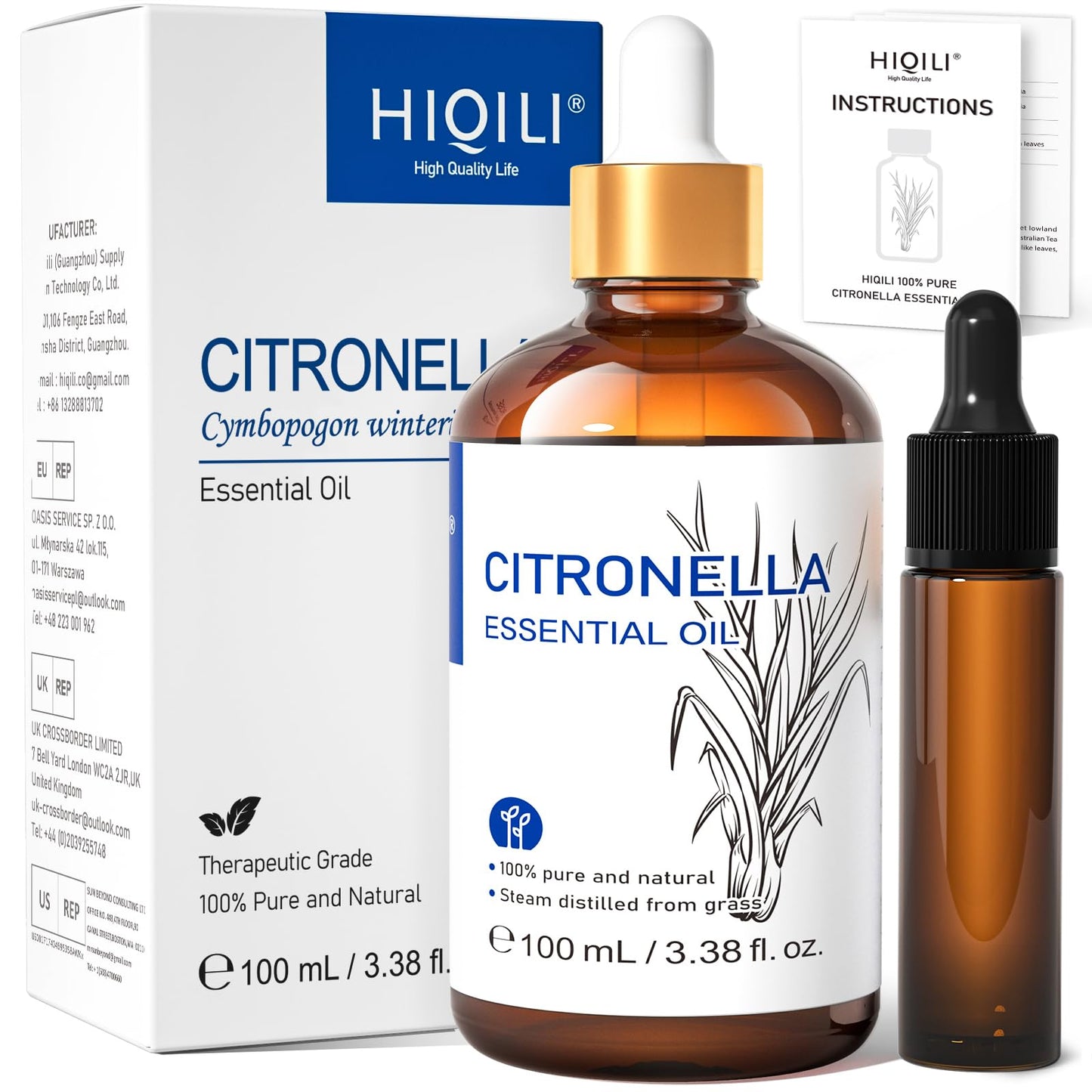 HIQILI 100ML Citronella Oil for Homemade Sprays, Add to Diffuser, 100% Pure and Natural Undiluted 3.38 Fl Oz