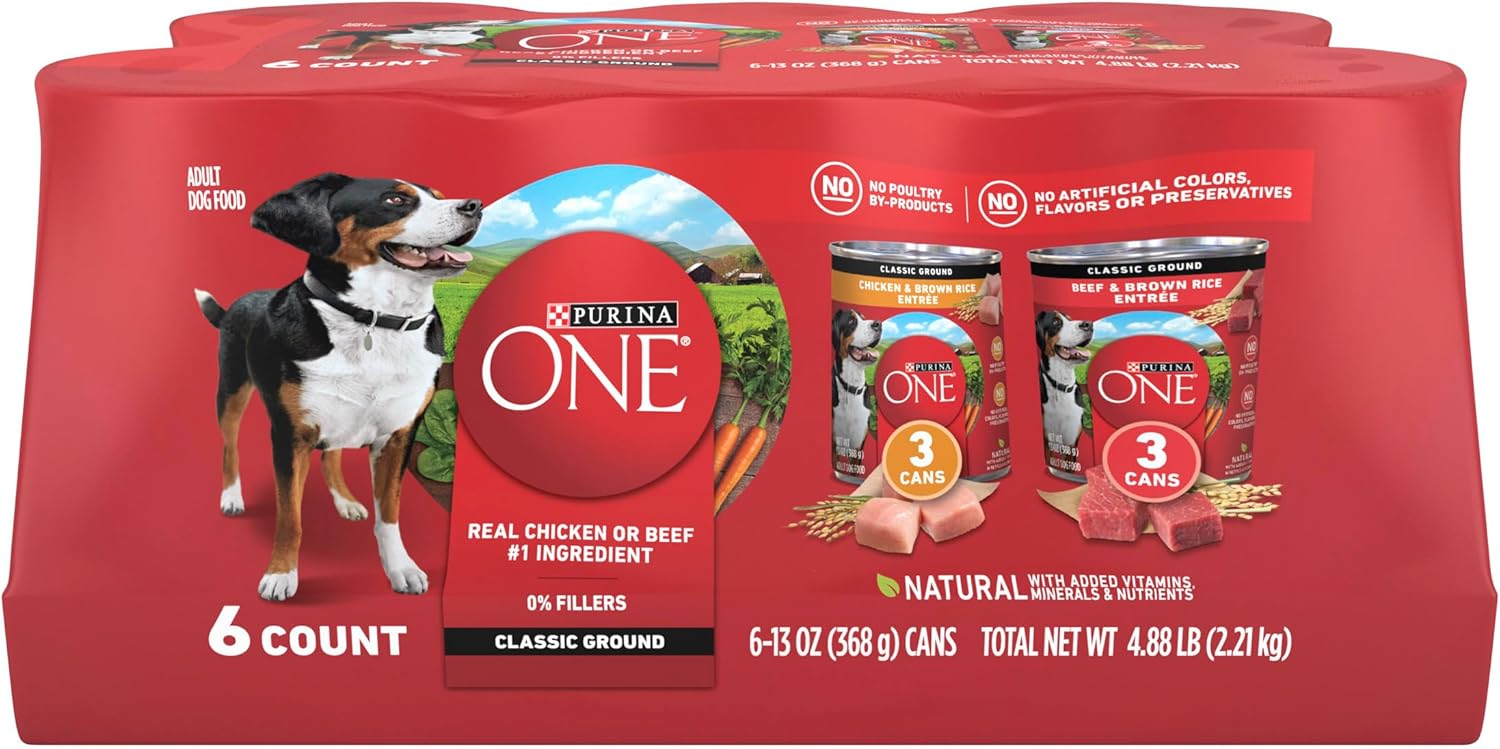 Purina_ONE_Classic_Ground_Chicken_and_Brown_Rice,_and_Beef_and_Brown_Rice_Entrees_Wet_Dog_Food_Variety_Pack_-_(Pack_of_6)_13_oz._Cans