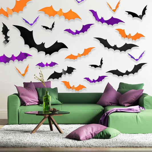 🎁 72 Pcs Bats Stickers for Halloween Wall Decor 3D Bat Halloween Decor Removable PVC Bats Stickers Wall Decal DIY Orange Purple Black Bat Decoration for Indoor Outdoor Home Party Supplies (100% off)