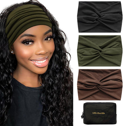 S&amp;amp;N Remille Wide Headbands for Women, Large Hairband, Elastic Non-Slip Headband Twist Knotted Accessories, Yoga Workout Vintage Hair 3 Pack (Colour-7)