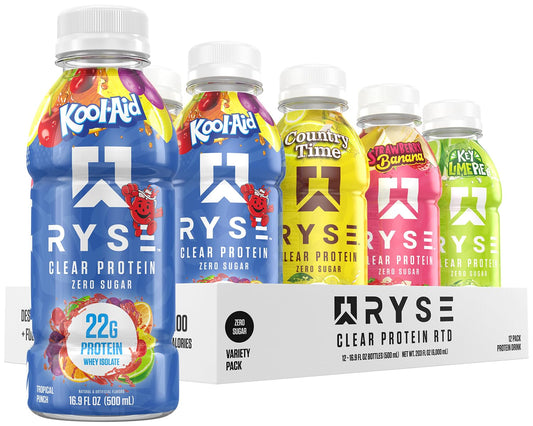 RYSE_Clear_Protein_Drink_-_Variety_Pack_-_100_Calories,_22g_Whey_Isolate_Protein_Shake,_Sugar-Free,_0g_Fat_&_Lactose-Free_-_Refreshing_Ready-to-Drink_Beverage_-_16.9_fl_oz_Bottles_(12-Pack)