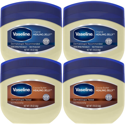 Vaseline Original &amp;amp; Cocoa Butter Healing Jelly Travel-Size Variety 4-Pack – Rich Moisturizing Ointment, Skin Protectant for Soothing Cracked, Dry Skin, 1.75 Oz Ea