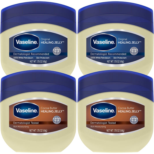 Vaseline Original &amp;amp; Cocoa Butter Healing Jelly Travel-Size Variety 4-Pack – Rich Moisturizing Ointment, Skin Protectant for Soothing Cracked, Dry Skin, 1.75 Oz Ea