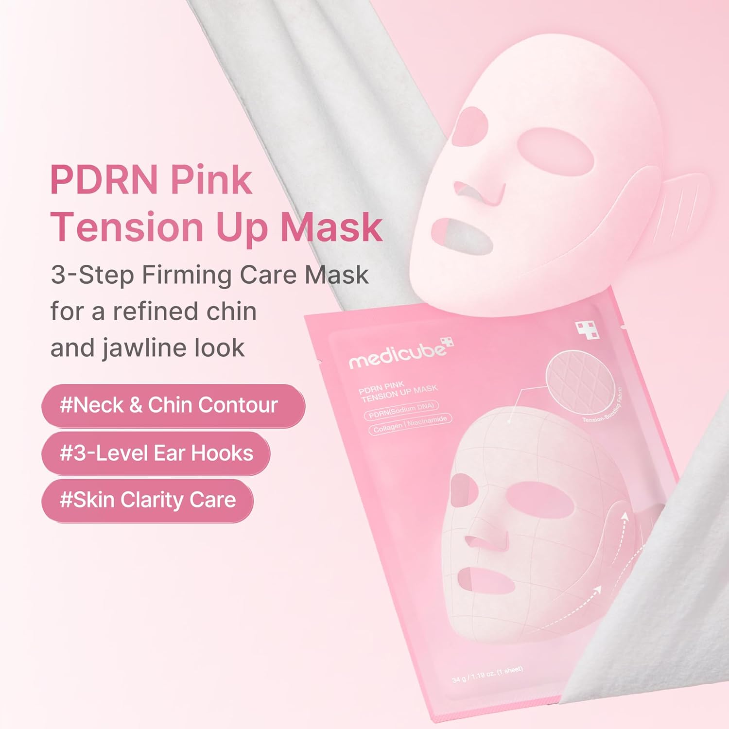 medicube_PDRN_Pink_Tension_Up_Mask_|_3-Step_V-line_Mask_for_Contoured-Looking_Chin_&_Jawline_|_Full-Face_Firming_Care_with_Salmon_PDRN,_NAD_&_Caffeine_|_Korean_Skincare,_34g_x_4ea_+_Tightening_Band