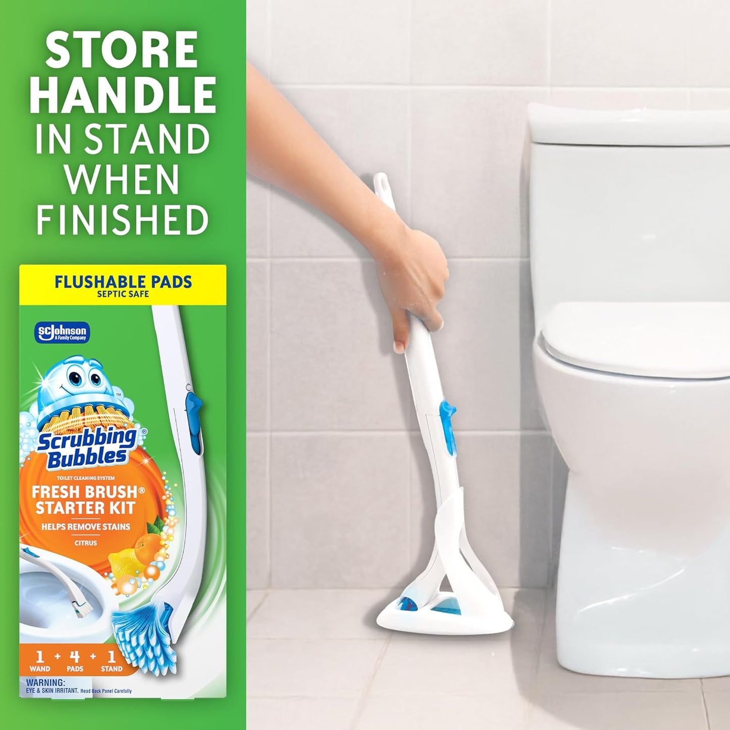 Scrubbing_Bubbles_Toilet_Bowl_Cleaning_System_with_Flushable_&_Disposable_Cleaner_Refill_Pads,_Fights_Odors_and_Helps_Remove_Limescale_&_Hard_Water_Stains,_Citrus_Scent,_1_Wand_+_4_Refills_+_1_Stand