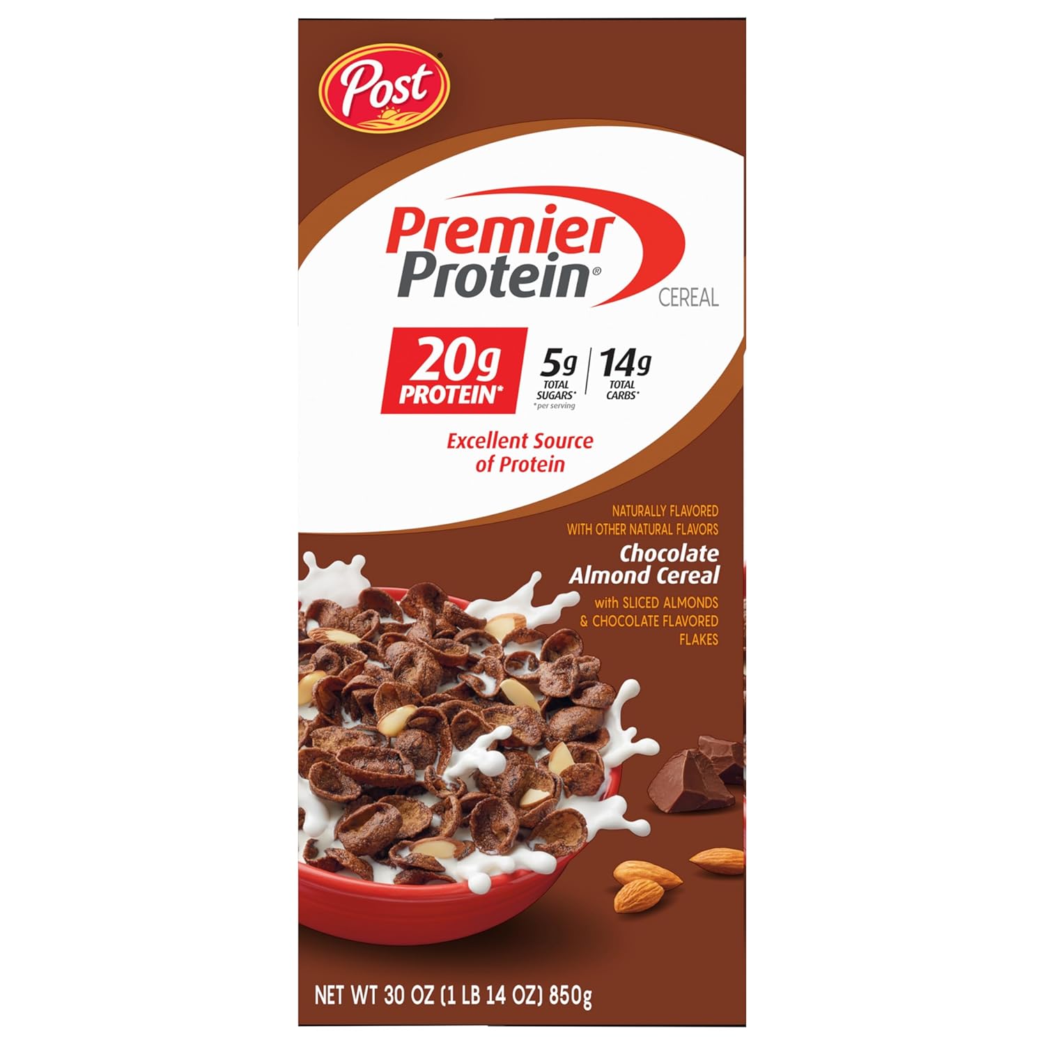 Post_Premier_Protein_Chocolate_Almond_Cereal,_Chocolatey_Protein_Cereal_Flakes_with_Sliced_Almonds,_Contains_20g_of_Protein_Per_Serving,_30_OZ_Box