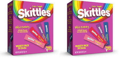 Skittles Singles To Go Wild Berry Variety Pack, Watertok Powdered Drink Mix, Zero Sugar, Low Calorie, Includes 4 Wild Berry Flavors, 1 Box (30 Single Servings) (Pack of 2)
