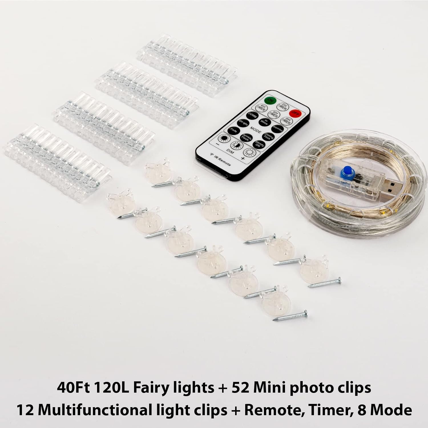 HXWEIYE_120LED_Warm_White_40Ft_Fairy_String_Light_with_52_Clear_Clips_&_12_Hooks,_USB_Powered,_Waterproof,_8_Modes_&_Timer,_Perfect_for_Indoor/Outdoor,_Bedroom,_Party,_Wedding_Decor