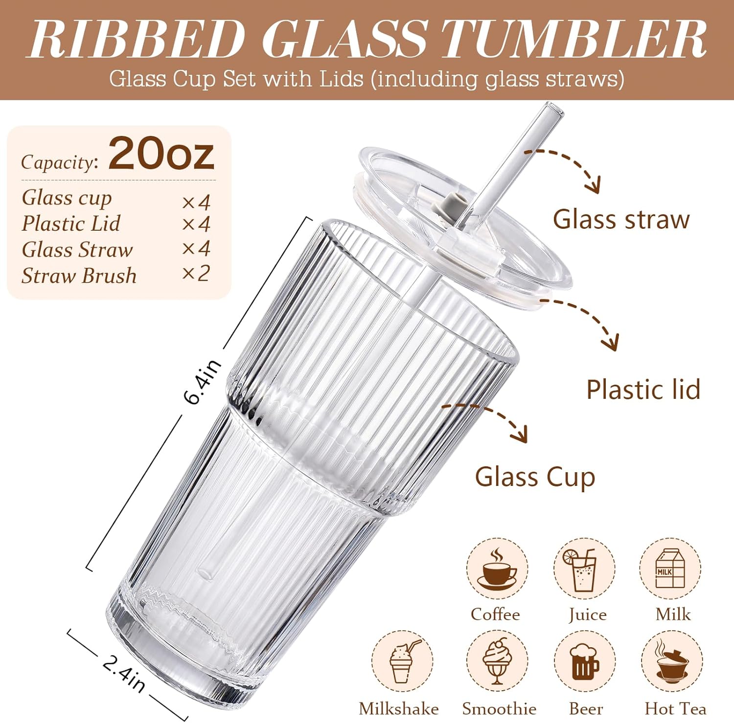 Iced_Coffee_Cups_with_Lids:_Coffee_Bar_Accessories_-_Ribbed_Glass_Tumbler_with_Straw_and_Lid_4Pcs_-_20oz_Leak_Proof_Tumbler_-_Reusable_Glass_Cups_and_Tumblers_with_Lid_and_Straws_for_To_Go_Iced_Coffee